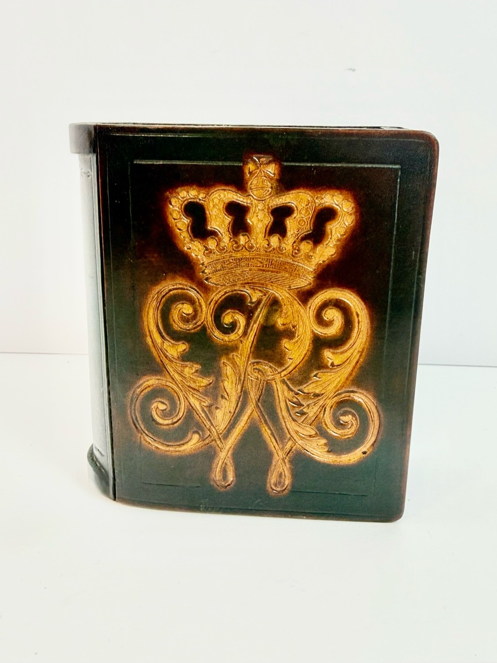 Vintage Rare Handmade WESLEY BOBER Wood & Leather Storage Small Trinket book Box
